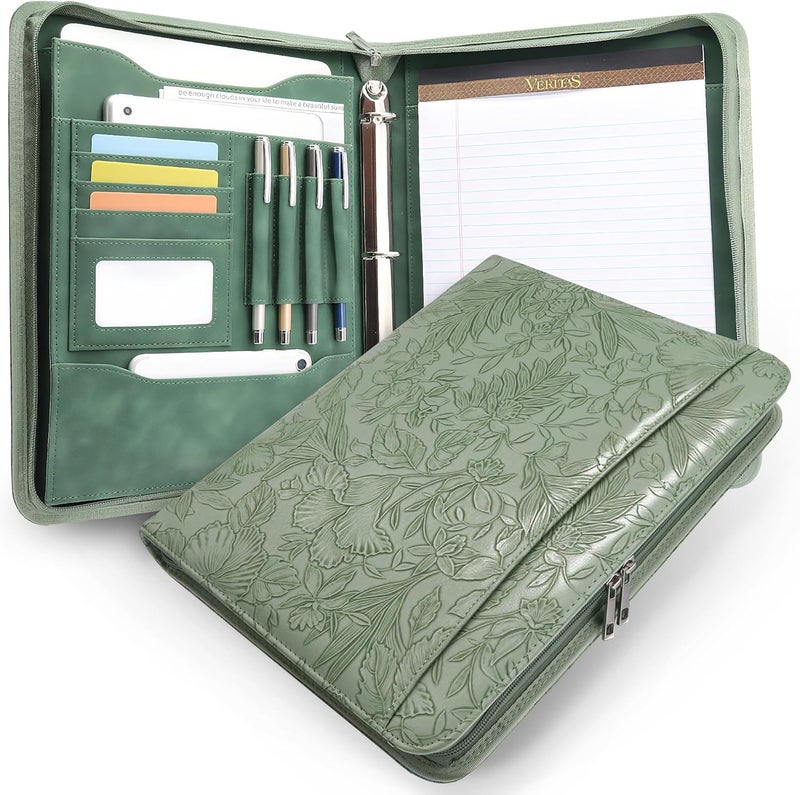 FORTAVEM Embossed Faux Leather Zippered Padfolio with 3 Ring Binder, Executive Portfolio Organizer Binder for Women, Fits 13.9" Laptop/Tablet, Refillable Writing Pad Pocket, Green - Image 1